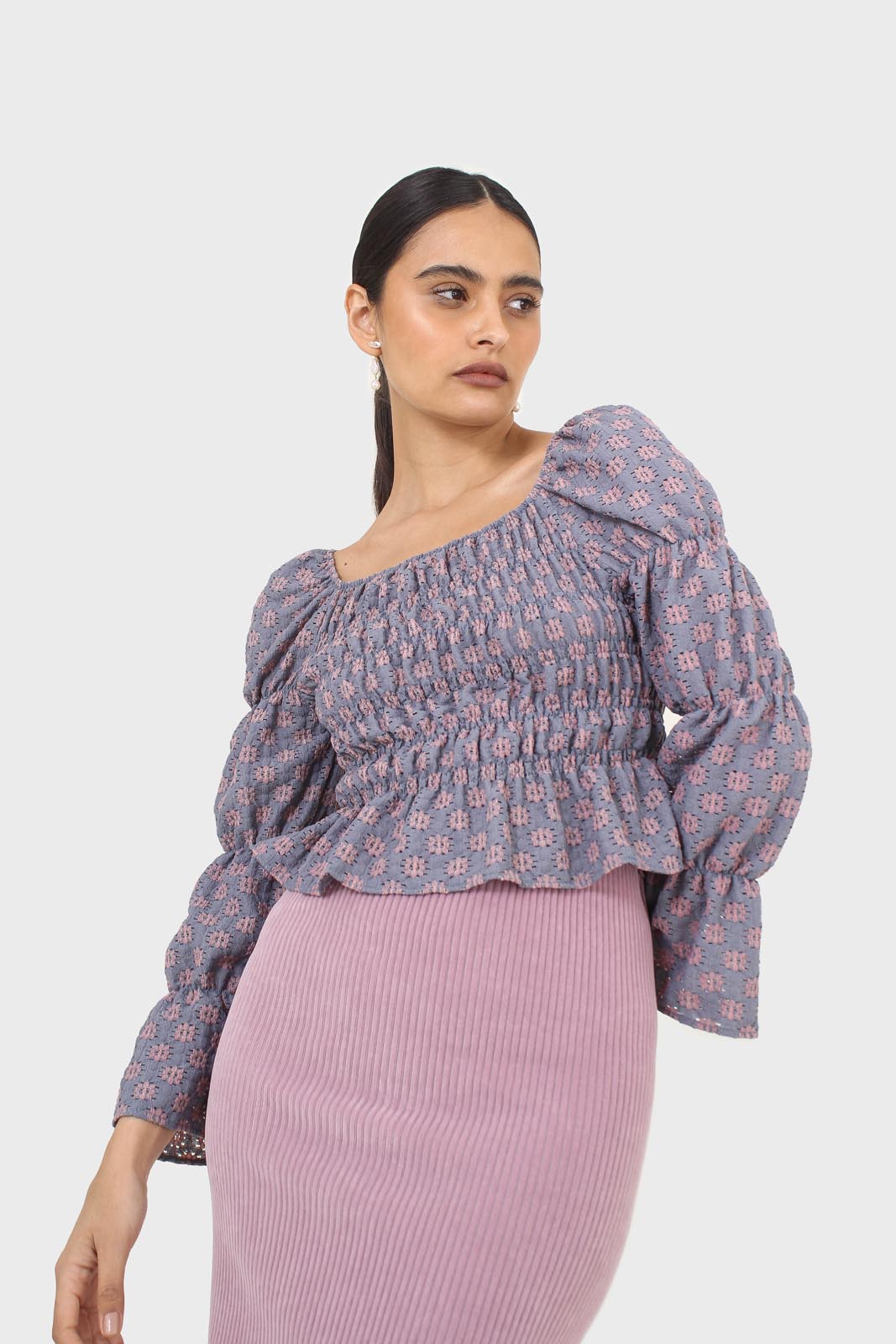 Blue and pink floral print ruched long sleeved top_9