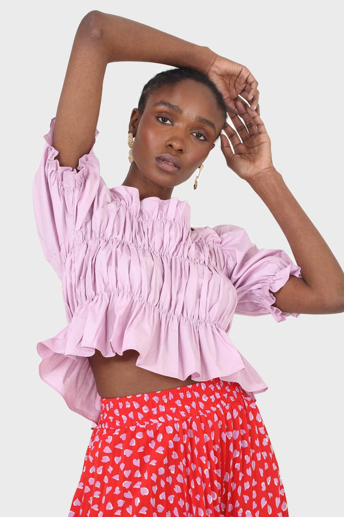 Purple ruched puff sleeve cropped top_10