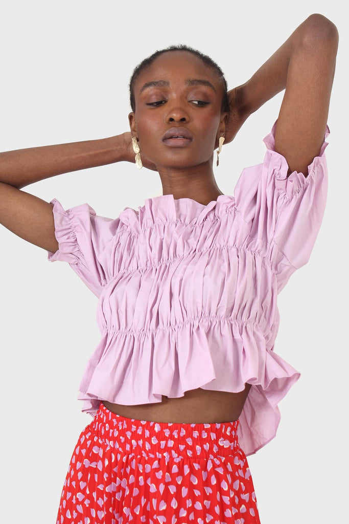 Purple ruched puff sleeve cropped top_4