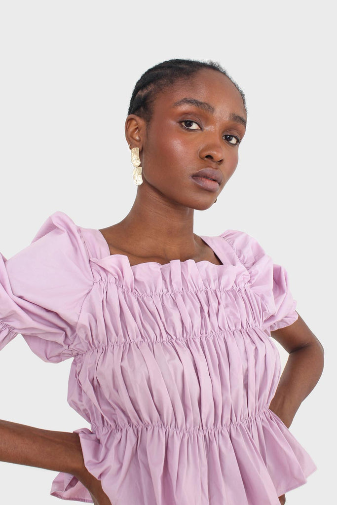Purple ruched puff sleeve cropped top_11