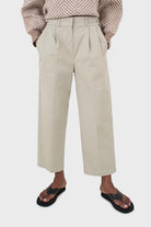 Khaki pleat front adjustable waistband trousers_1