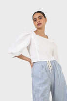 Ivory square neckline princess seam lace blouse_14