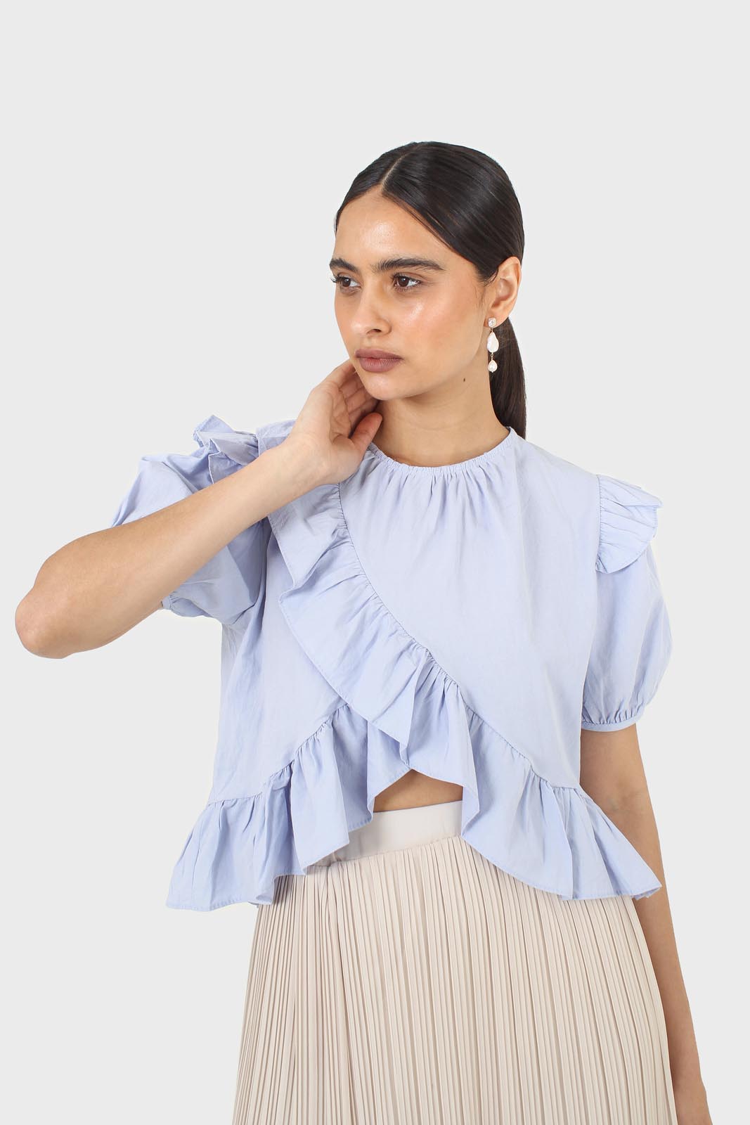 Sky blue asymmetric frill short sleeved top_1