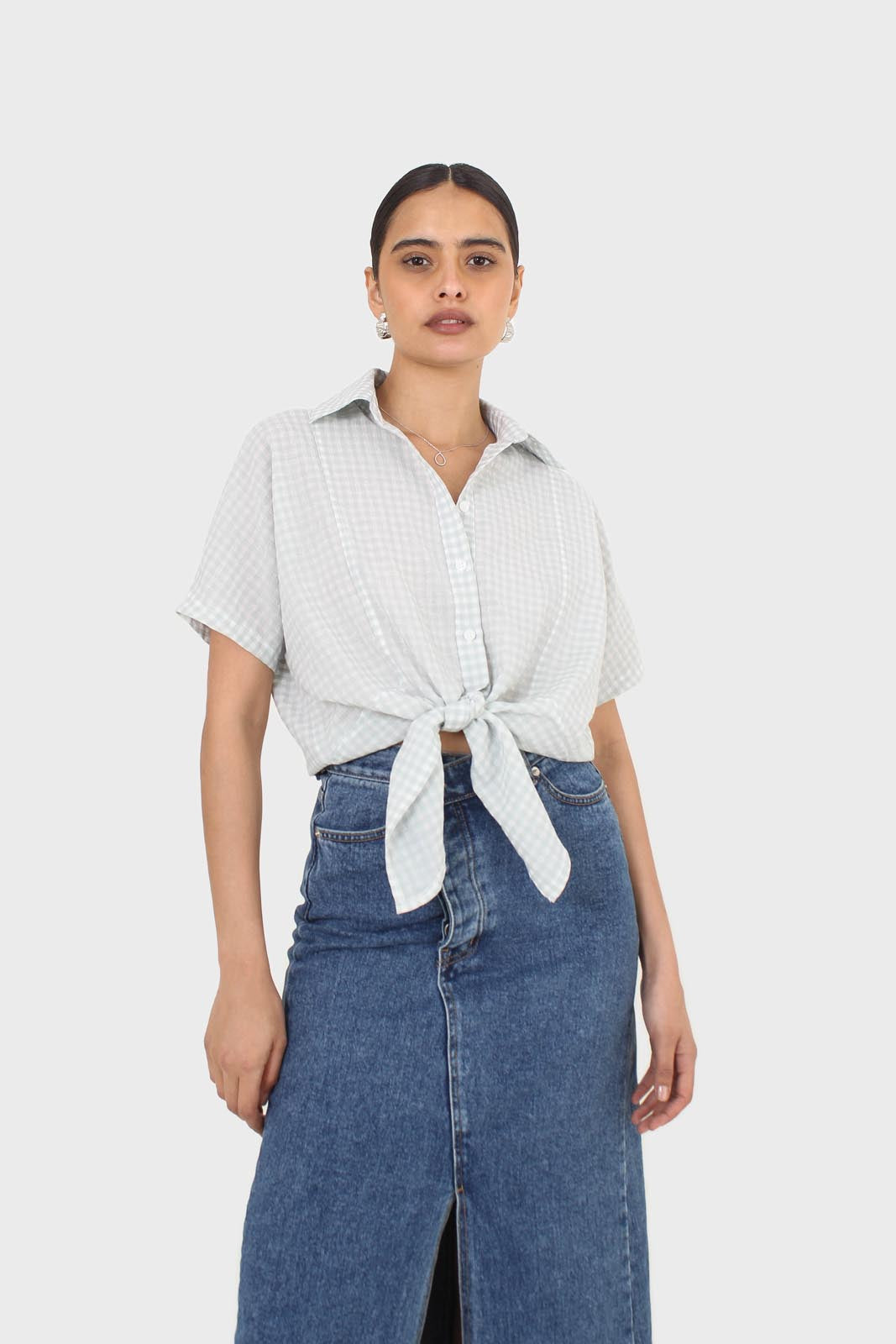 Mint and ivory gingham tie front shirt_6