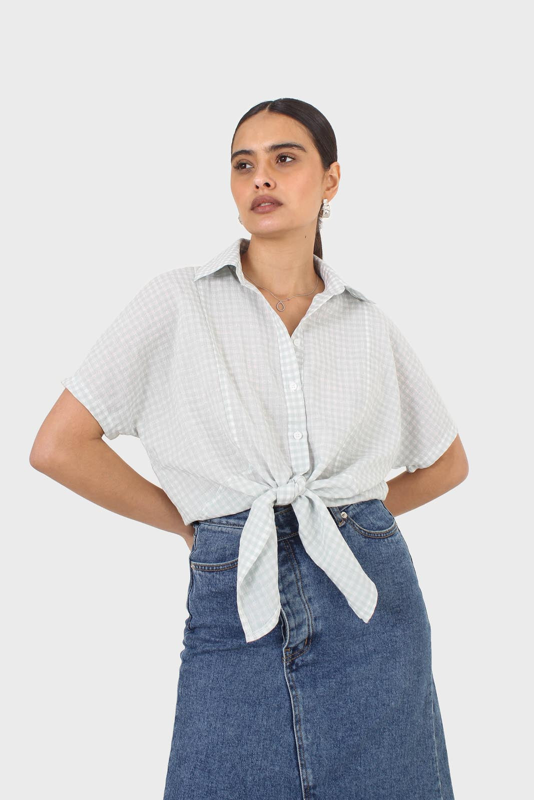 Mint and ivory gingham tie front shirt_1
