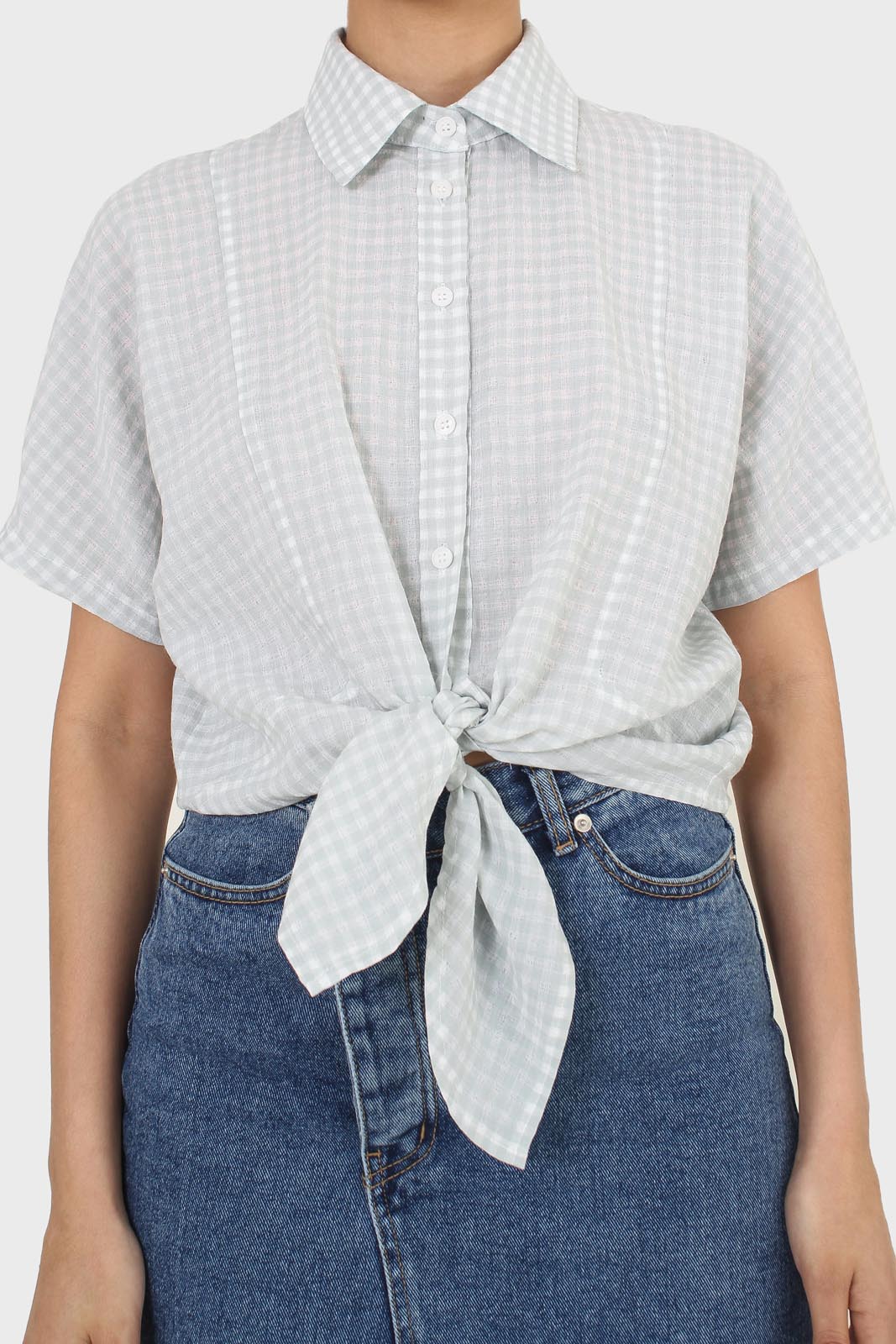 Mint and ivory gingham tie front shirt_2