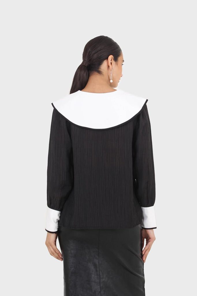 Black and ivory oversized pointed collar blouse_2