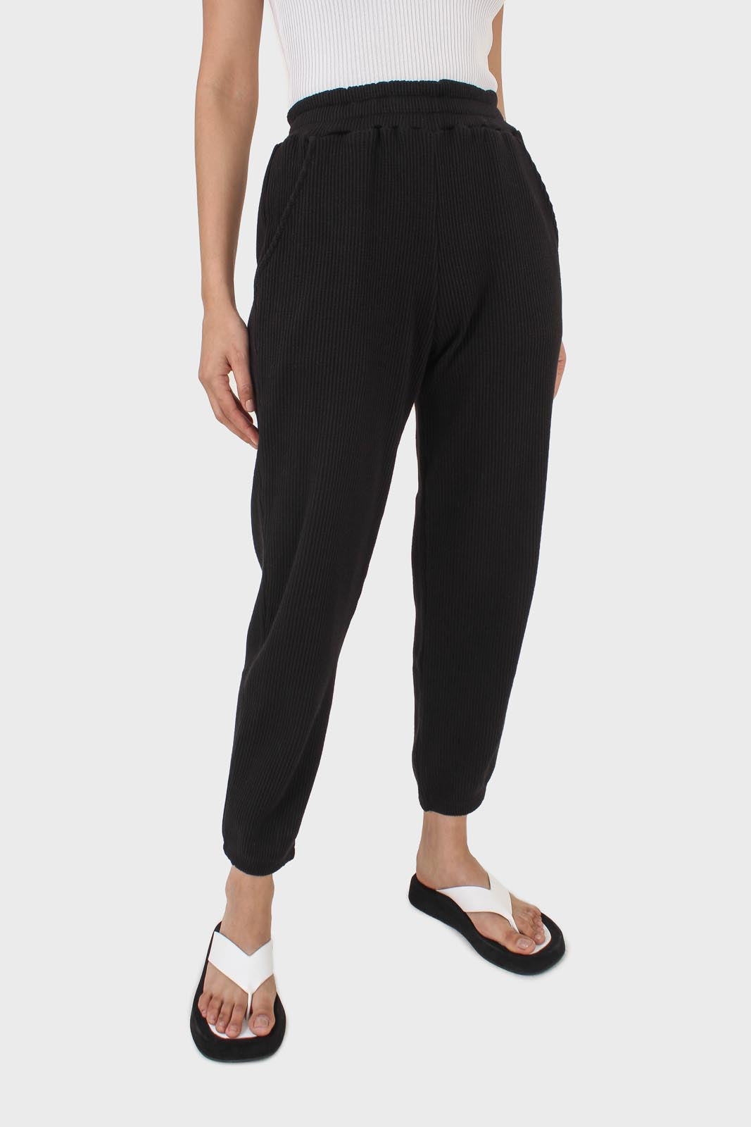 Black waffle textured relaxed trousers_1