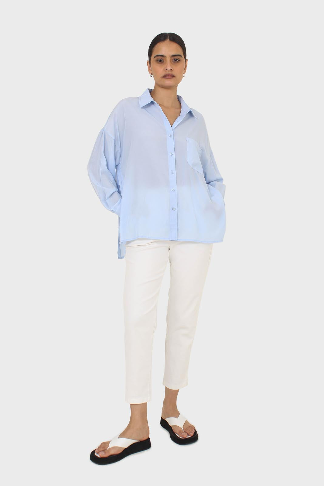 Blue asymmetric buttons shirt_3