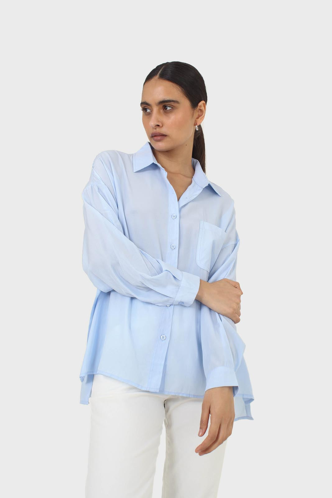 Blue asymmetric buttons shirt_8