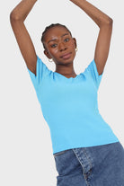 Cobalt blue V neck short sleeved knit top_1