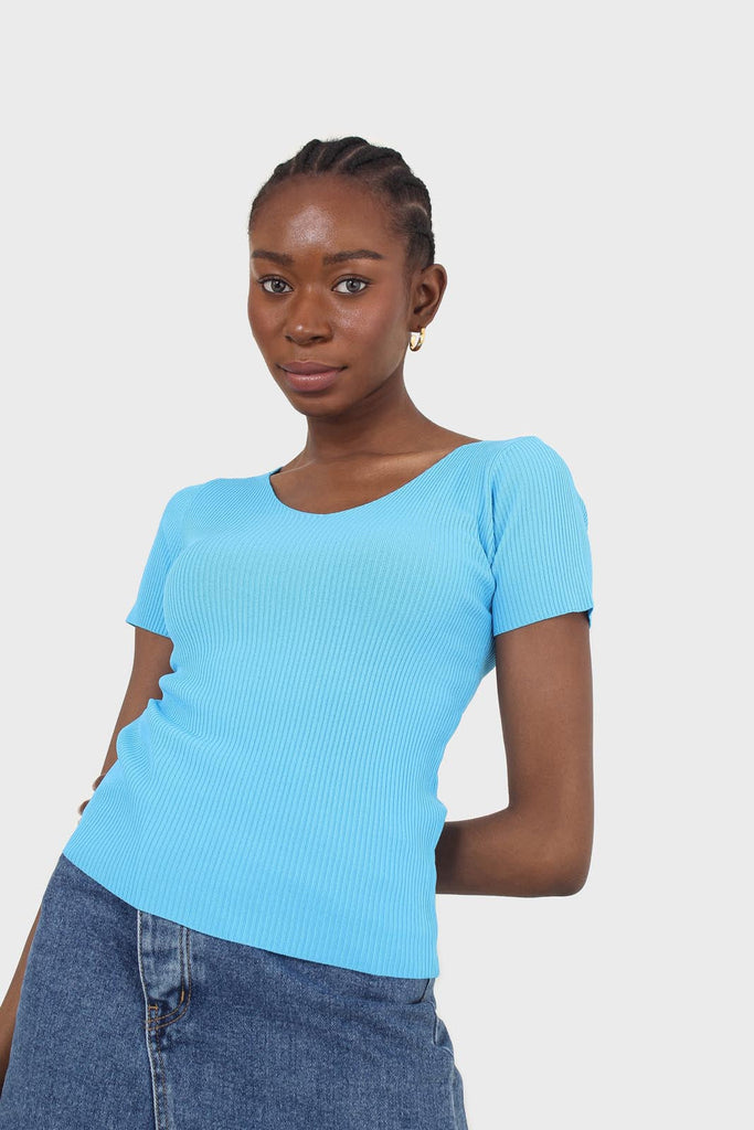 Cobalt blue V neck short sleeved knit top_3