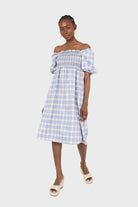 Blue and ivory checked shirred puff sleeved midi dress_1