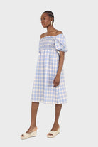 Blue and ivory checked shirred puff sleeved midi dress_4
