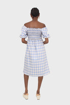 Blue and ivory checked shirred puff sleeved midi dress_3