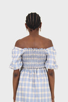 Blue and ivory checked shirred puff sleeved midi dress_7