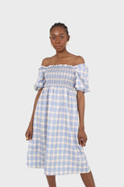 Blue and ivory checked shirred puff sleeved midi dress_9