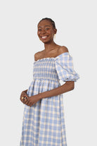 Blue and ivory checked shirred puff sleeved midi dress_2