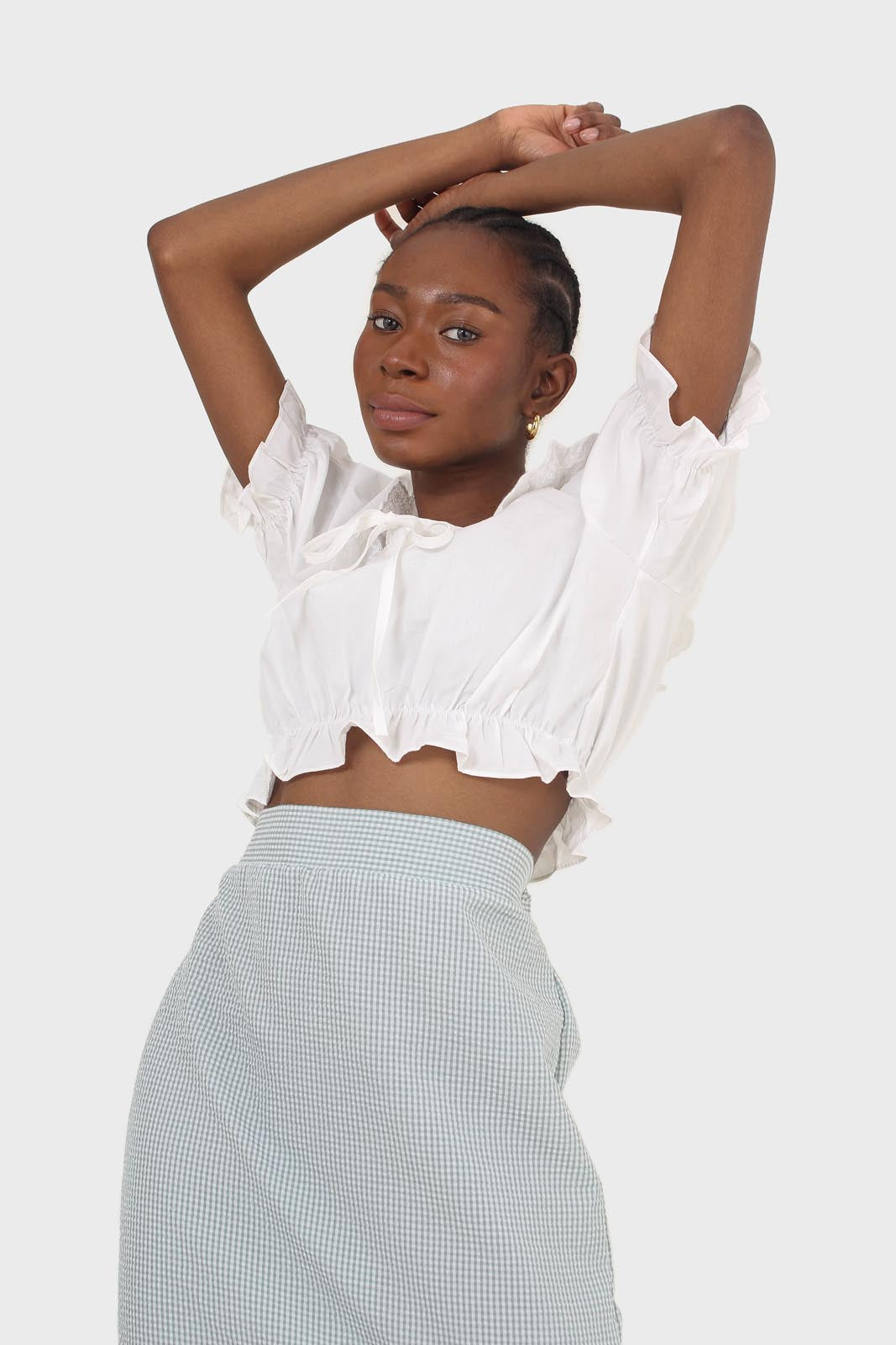 Ivory cropped puff sleeved broderie anglaise trim top_14