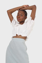 Ivory cropped puff sleeved broderie anglaise trim top_14