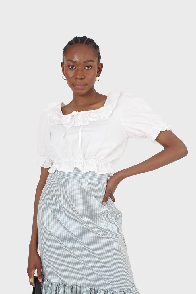 Ivory cropped puff sleeved broderie anglaise trim top_8