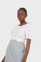Ivory cropped puff sleeved broderie anglaise trim top_17
