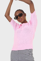 Hot pink textured knitted short sleeve top_6