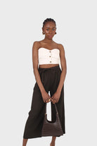Khaki tie waist ribbed wide leg loose fit trousers_8