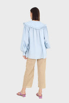 Blue frill large collar balloon sleeve blouse_6