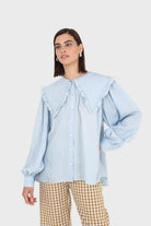Blue frill large collar balloon sleeve blouse_10