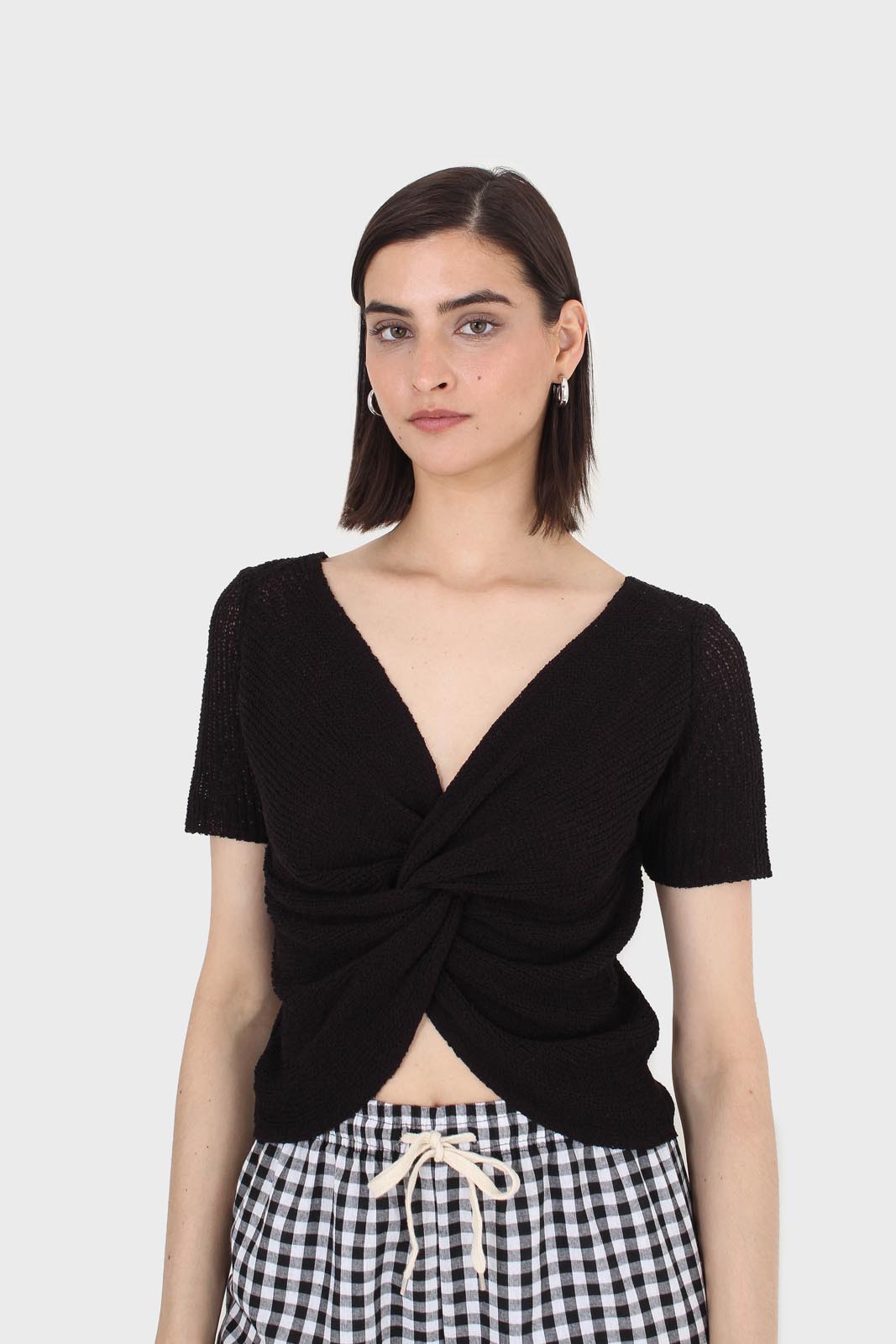 Black twist front knitted short sleeved top_1