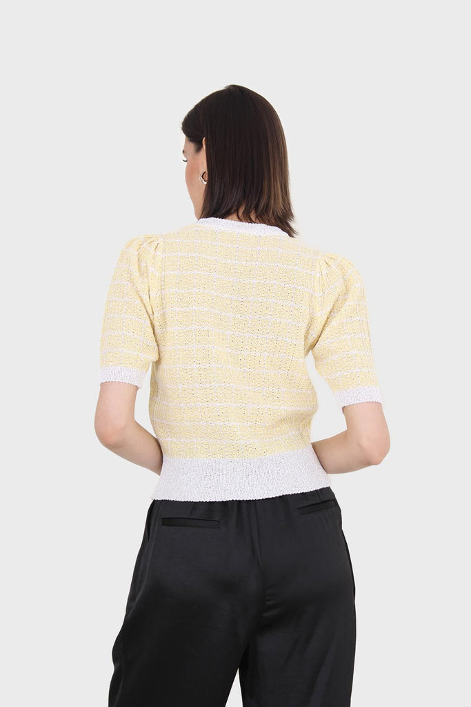 Yellow and ivory checked knitted puff sleeved top_2