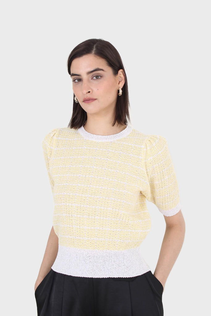 Yellow and ivory checked knitted puff sleeved top_1