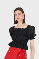 Black ruched puff sleeve cropped top_1