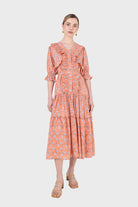 Orange floral printed ruffle dress_1