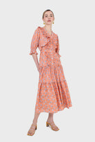 Orange floral printed ruffle dress_5