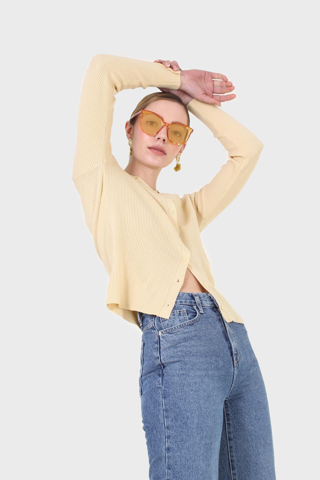 Yellow button front polo knit top_9