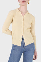 Yellow button front polo knit top_2