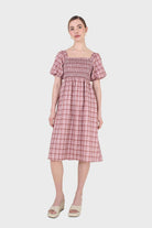Red and ivory checked shirred puff sleeved midi dress_1
