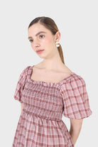 Red and ivory checked shirred puff sleeved midi dress_7