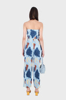 Blue and brown dye splotch micro pleat strapless top_5