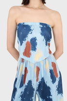 Blue and brown dye splotch micro pleat strapless top_3