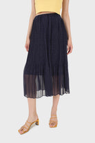 Navy and white polka dot silky micro pleat maxi skirt_1