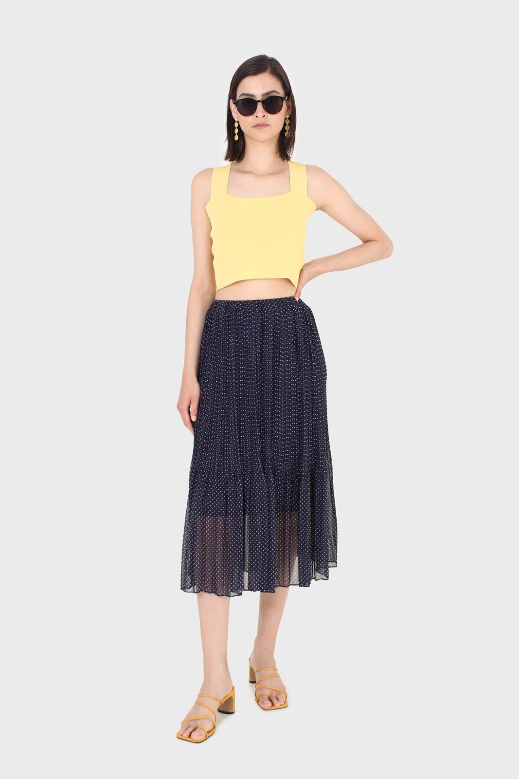 Navy and white polka dot silky micro pleat maxi skirt_4