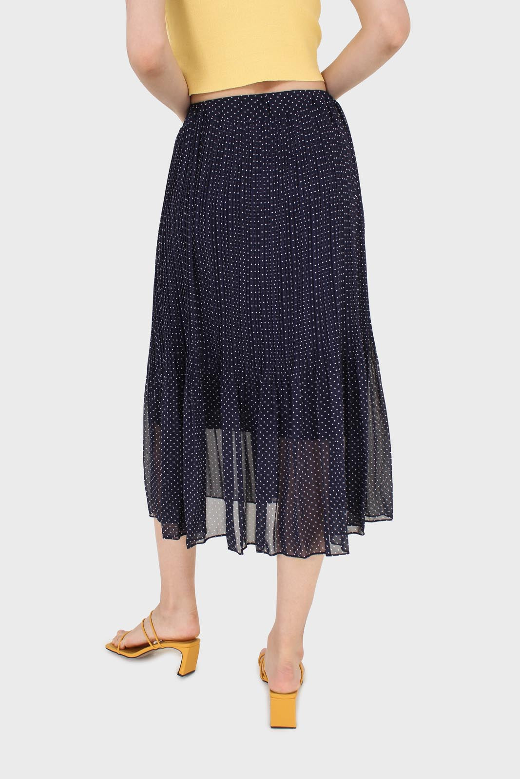 Navy and white polka dot silky micro pleat maxi skirt_3