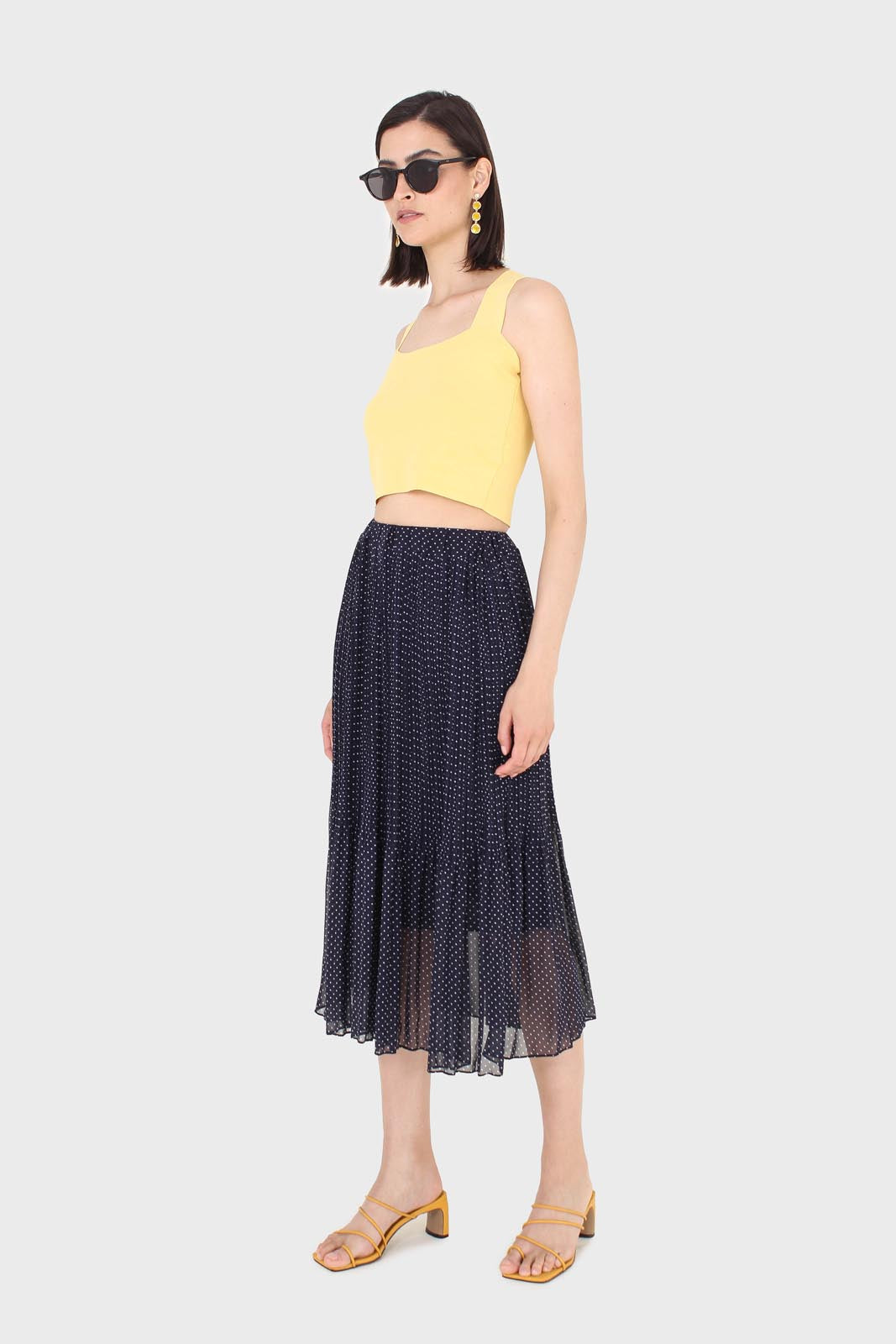 Navy and white polka dot silky micro pleat maxi skirt_2