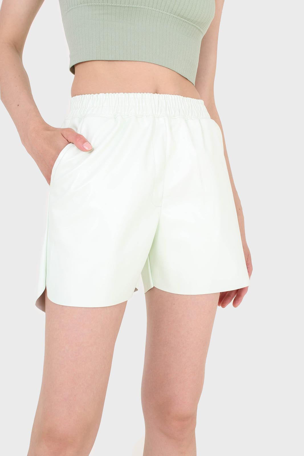 Mint green vegan leather shorts_1