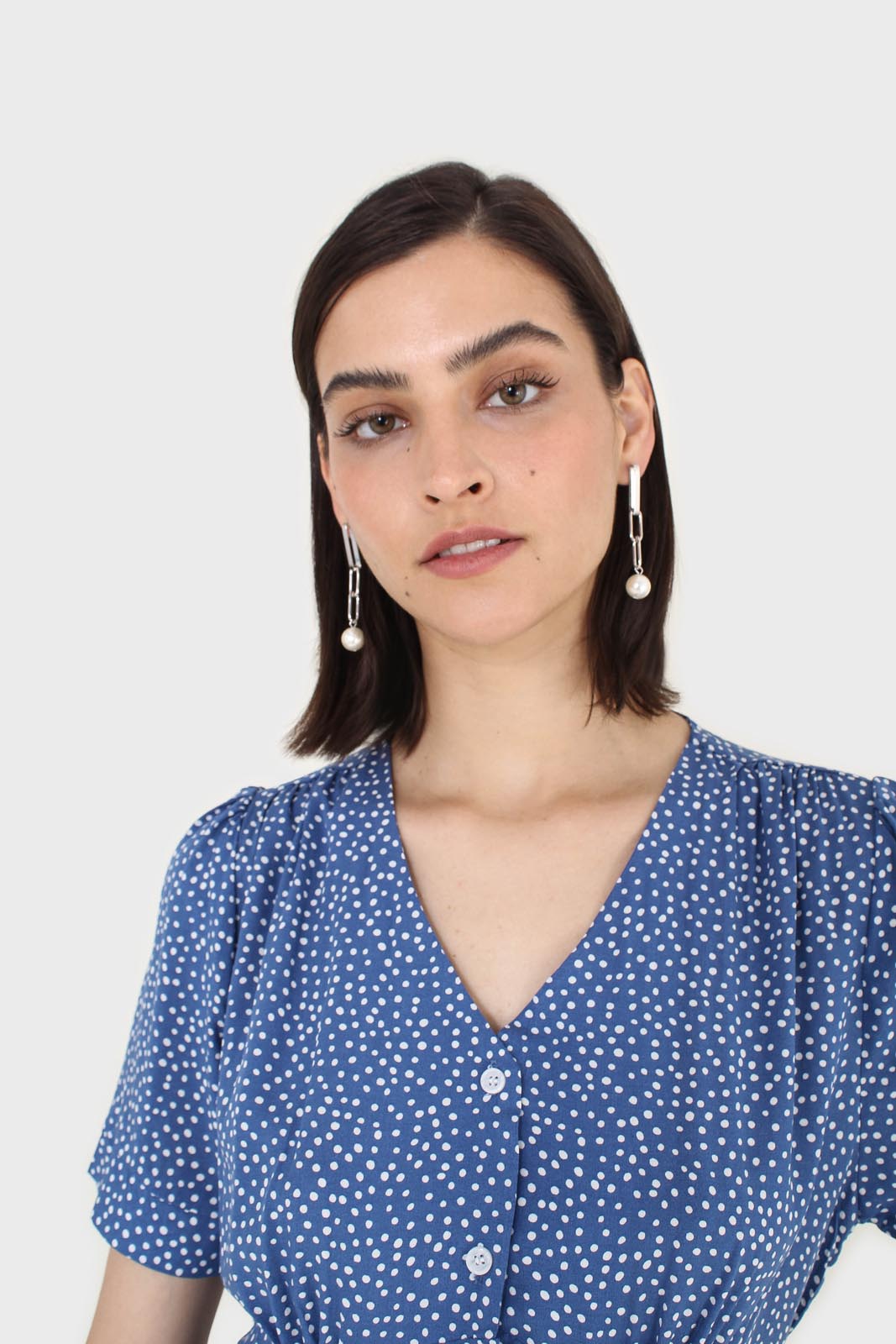 Bright blue and white polka dot button front dress_6