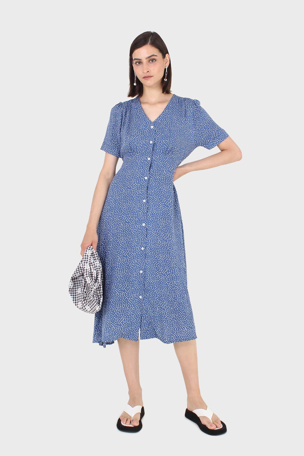 Bright blue and white polka dot button front dress_1