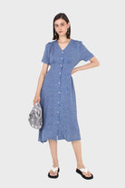 Bright blue and white polka dot button front dress_1